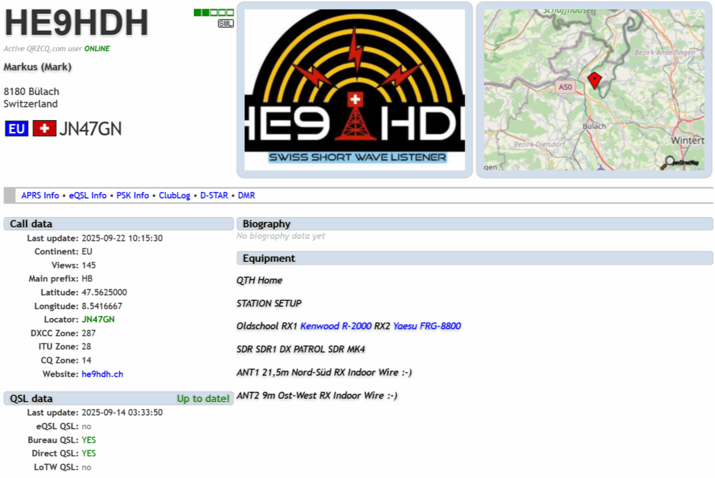 HE9HDH eingetragen und Premium auf QRZCQ.com